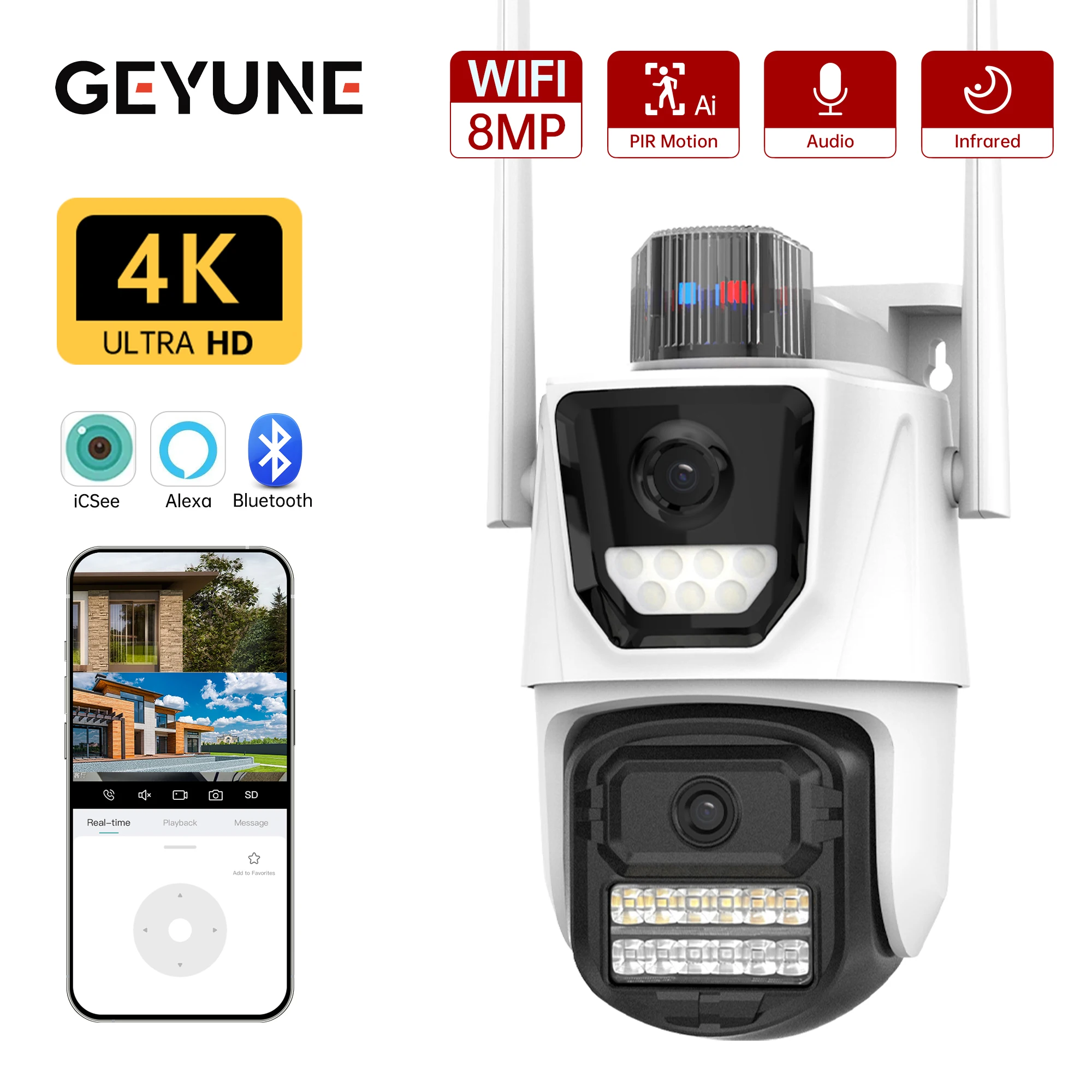 Beveiligingscamera 4K 8MP HD PTZ Camera Buiten 4MP Dual Lens Dual Screen AI Auto Tracking IP Camera CCTV audio Video Surveillance P2P Eenvoudig, betrouwbaar, veilig(5MP Add 32G Card