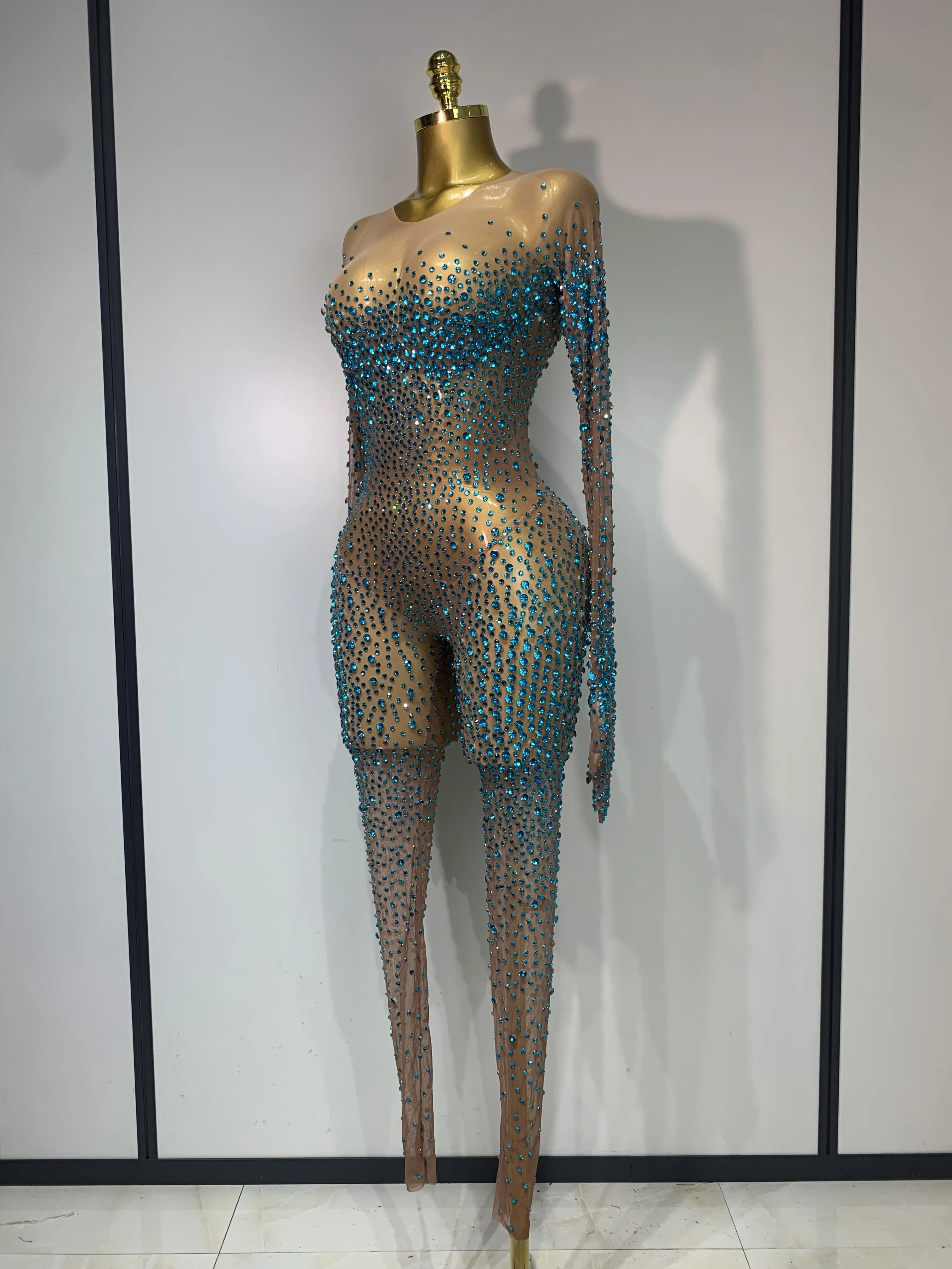 Luxury Rhinestones Bodycon Jumpsuit Sexy Women Mesh See Through Birthday Gown Women Bar Nightclub Dancer Stage Outfit 2