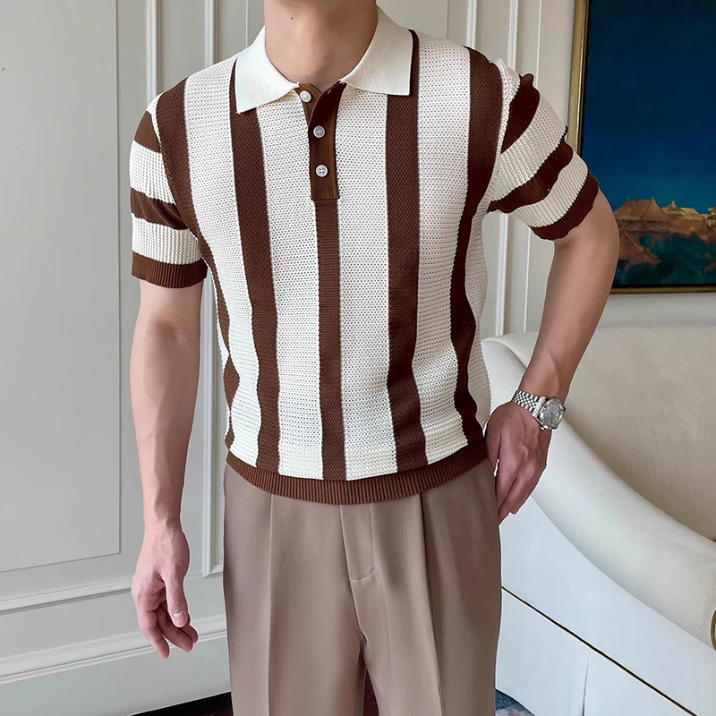 Contrast Color Striped Mens Polo Shirts Trendy Button Turn-down Collar Knit Tops Men Spring Summer Daily Casual Breathable Polos 19 Sac2806c3c17f4512b39461256751372e9