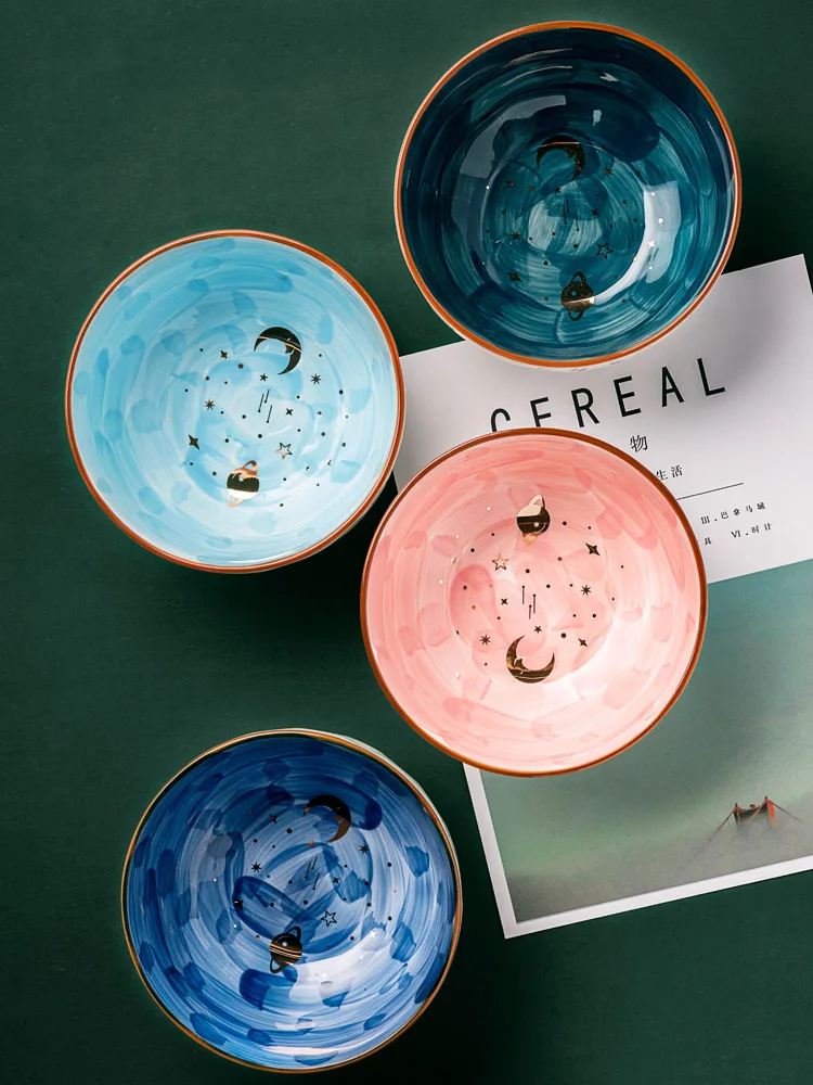 

Bowl Ceramic Underglaze Pink Chinese Home Golden Trim Creative Breakfast Oatmeal Dessert Cute Fruit Salad 6-Inch Nordic Style