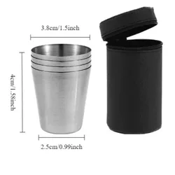Compact Stainless Steel Travel Drinkware Set - 4 Mini Mugs with Carry Bag for Outdoor Wine and Whisky Lovers (30ml)