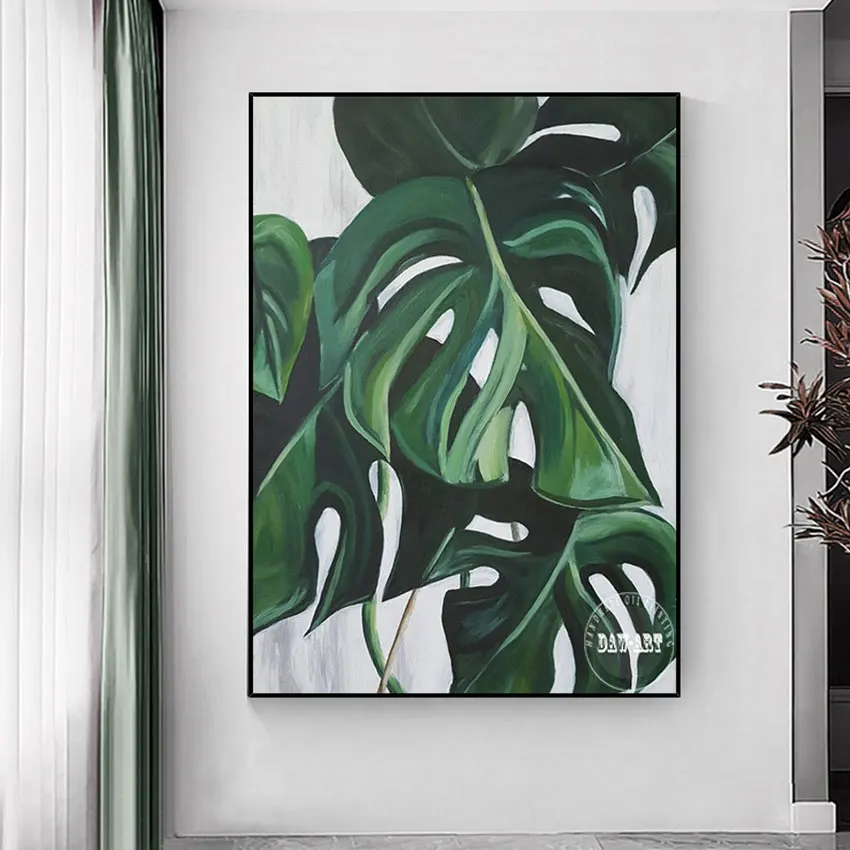 

High Quality China Artwork Modern 3D Abstract Green Leaf Oil Paintings On Canvas Wall Decor For Living Room Unframed Gift
