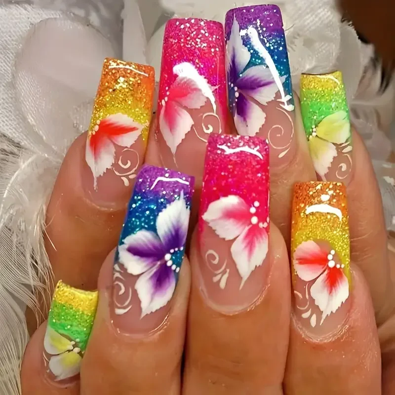 

24Pcs Chic Ballerina Press on Nails Set Vibrant Flower Design Full Cover Nail Tips Easy Application Acrylic Stick on Nails