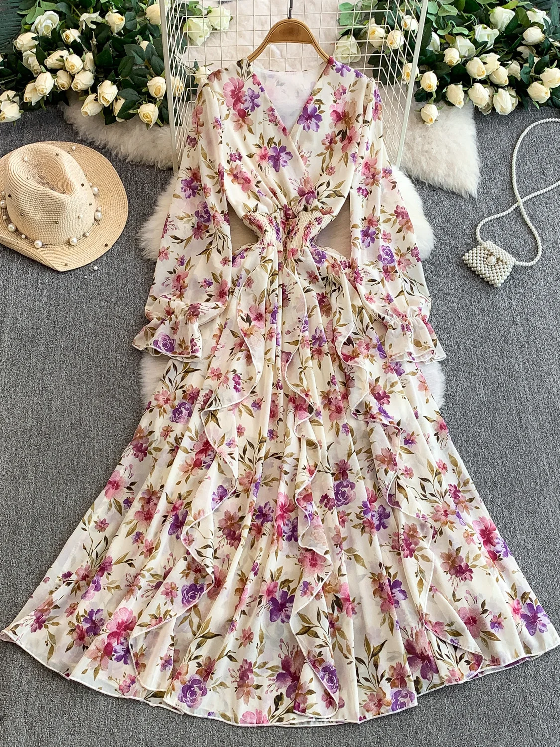 Vacation Elegant V-Neck Chiffon Print Long Dress Women's Elastic Waist Slimming Maxi Skirt Casual High Waist Spring Summer
