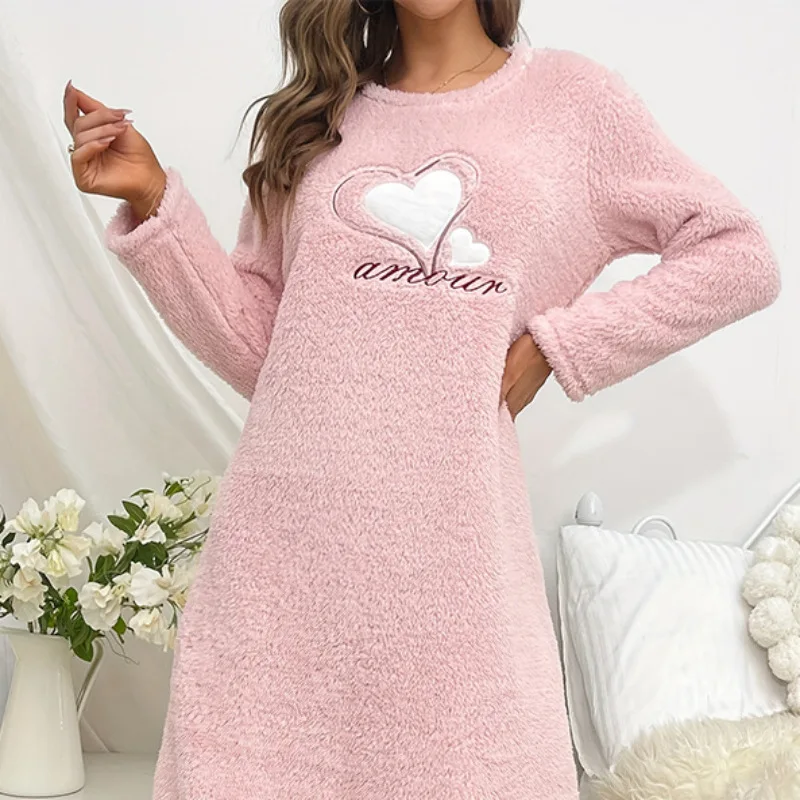 Heart Print Flannel Nightgown for Women Winter Women Long Sleeves Nightgowns Long Woman Sleepshirt Pullover Pajama Dress
