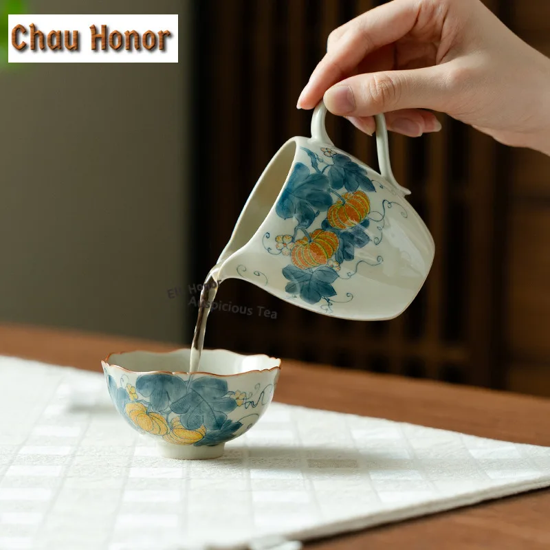 260ml Hand-painted Pumpkin Tea Pitcher Divide Tea Cha Hai Dispenser Justice Cup Dahongpao Fair Mug Tea Services Accessories Gift