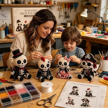 Kit Creativo 3D per Scheletri con Perline, Set Artistico Fai-da-Te Unico con Istruzioni, Regalo Perfetto per Bambini e Adulti, Divertente Set da 4 Pezzi