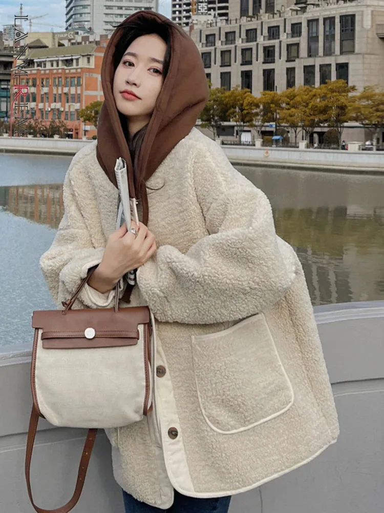 

LANMREM Korean Style Lamb Fur Winter Jackets Women Contrast Color Hooded Single Breasted Coat Fashion 2023 New Clothing 2AA3984