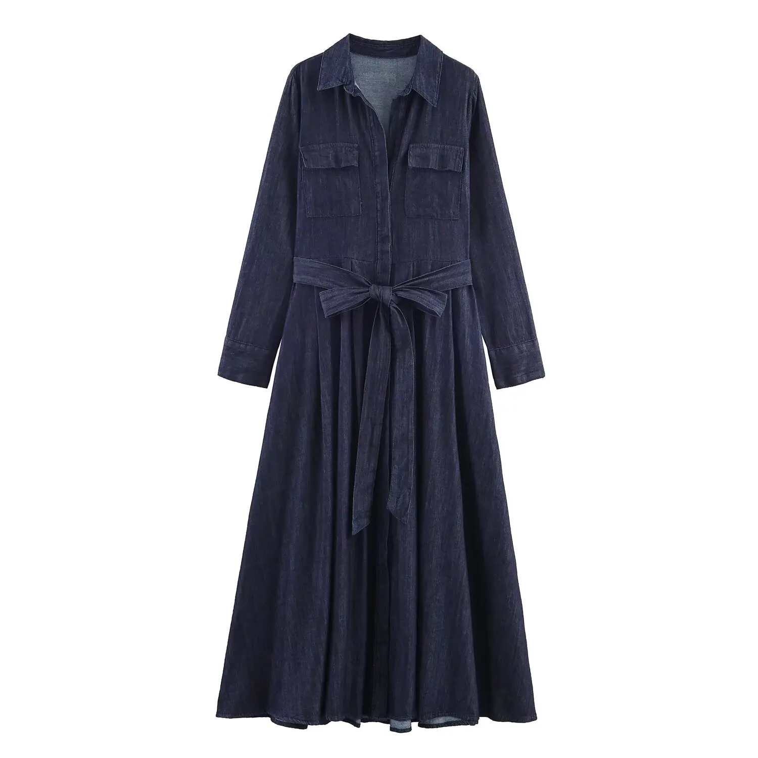 Women's Denim Dress Solid Long Sleeve Shirt Dress Female A-Pendulum Dress With Belt Decoration Casual Fashion Four Seasons Dress