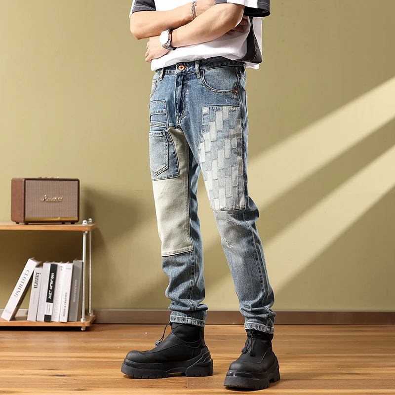 High quality jeans men's patchwork slim fit small straight leg pants  embroidery handsome and personalized pants jeans for men