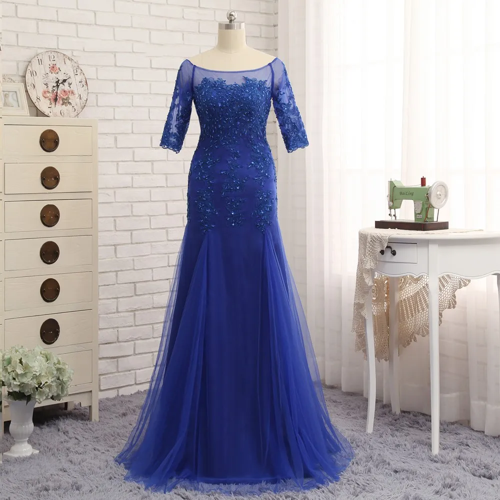 

Royal Blue Mother Of The Bride Dresses Mermaid Half Sleeves Appliques Beaded Plus Size Long Groom Mother Dresses For Wedding