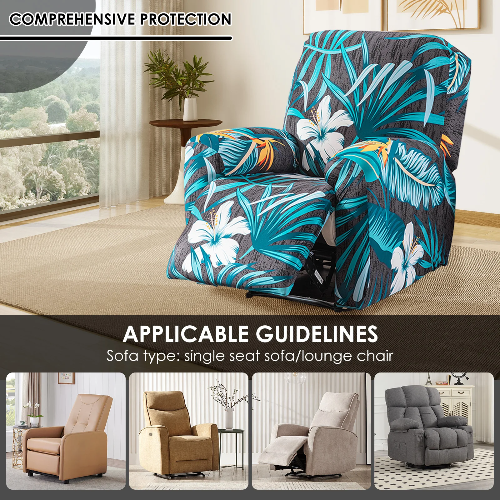 Recliner Chair Cover Full Wrap Style Single Reclining Slipcover With Side Pocket Machine Washable Stretch Printed Armchair Cover