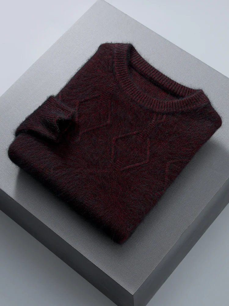 Aliselect Winter 100% Pure Mink Cashmere Sweater Men O-Neck Jacquard Pullovers Thick Plus Size Tops Casual Base Shirt Jacket