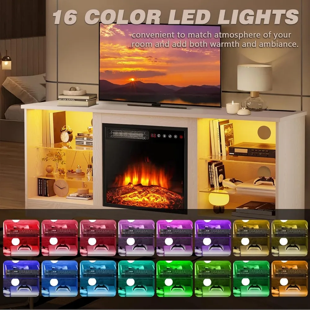 58 Inches Fireplace TV Stand for TVs up to 65 Inches - Modern Wooden Console with 18'' Electric Fireplace & Remote Control 4