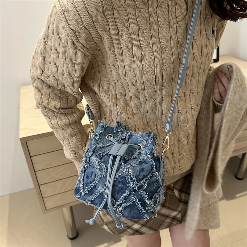 Mini Bucket Style Denim Bags for Women Stylish Drawstring Bag, New Bucket Cell Phone Bag, Versatile Women's Shoulder Cross Bags