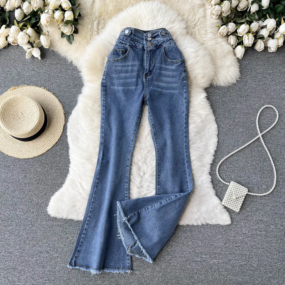 topshop jeans Clothland Basic Casual Flare Jeans High Waist Button Fly Trumpet Shape Stretchy Female Fashion Trousers Mujer KA119 jeans women