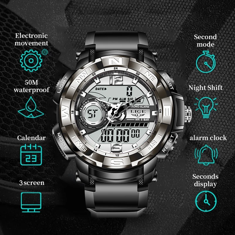 LIGE Fashion Men Military Watches Top Brand FOXBOX Dual Display  Silicone Strap Quartz Watch For Men Waterproof Sport WristWatch