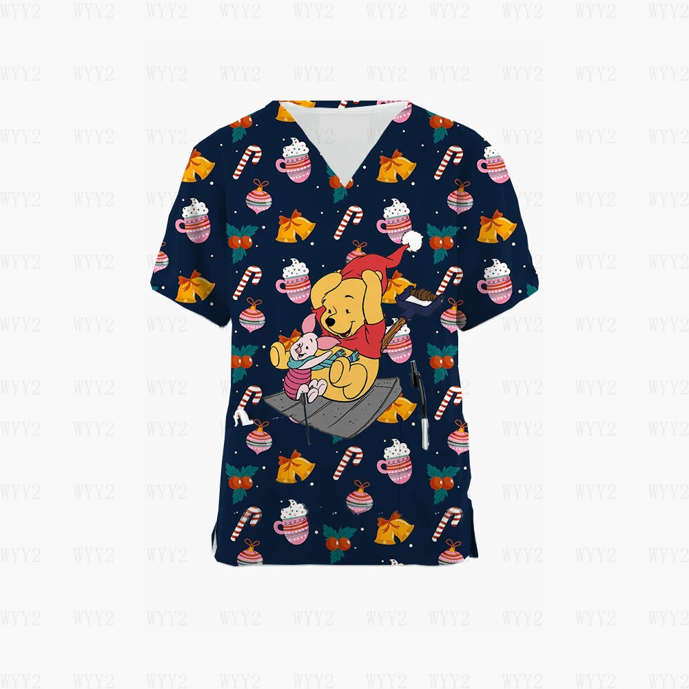 

Nurse Uniform Women Christmas Picture Disney Stitch Print Top Uniform Short Sleeve Pocket Medical Female Nurse Uniform T-Shirt