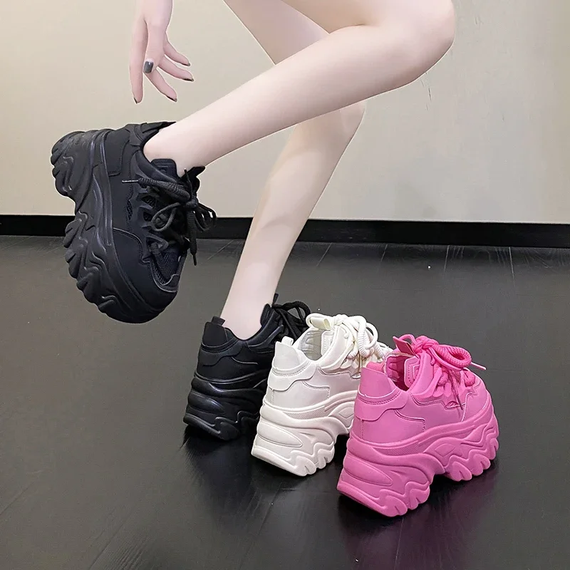 Hidden Heels White Chunky Sneakers Women Breathable Lace Up High Platform Shoes Woman 2025 Autumn Non-Slip Thick Bottom Sneakers 3