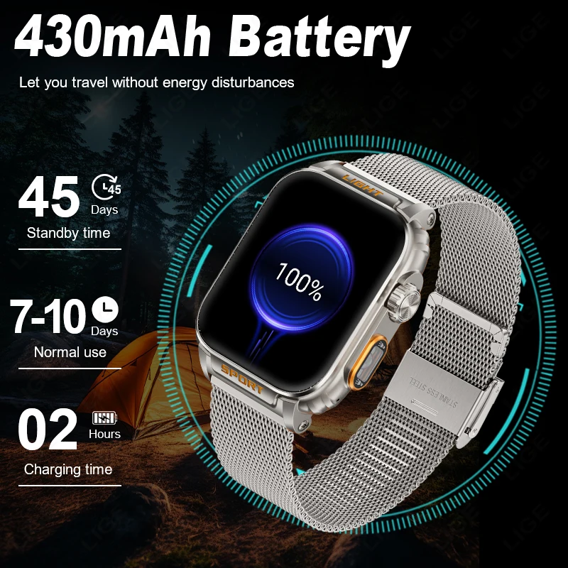 LIGE Smart Watch With LED Flashlight Blood Pressure Health Monitor BT Call 430mAh Battery Sport Fitness Outdoor Men's Smartwatch