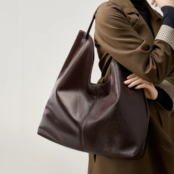 BURMINSA Luxury Genuine Leather Handbags Large Slouchy Hobo Shoulder Bags For Women Cowhide Shopping Tote Business Work Purses