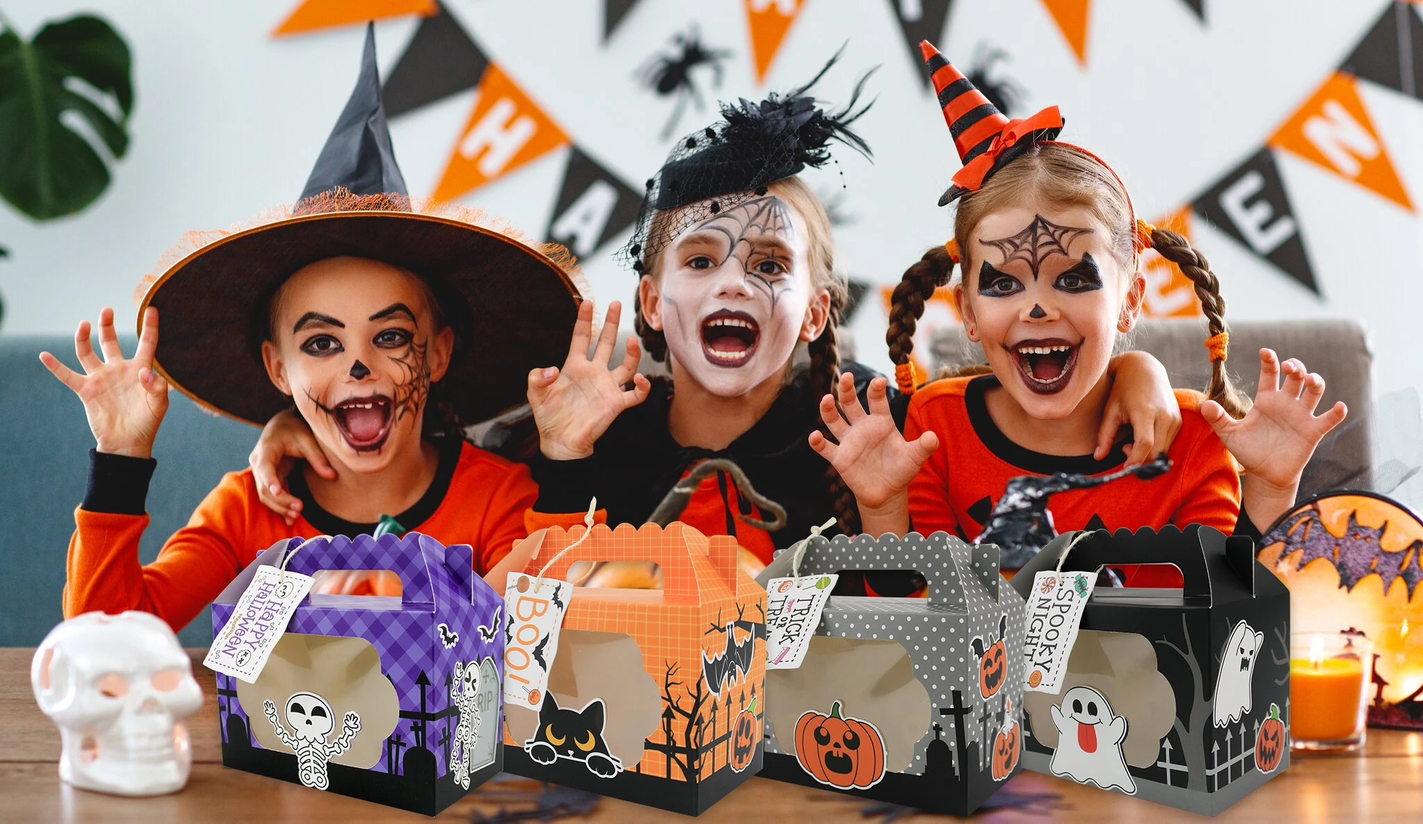 12 Stück Halloween-Party Süßigkeiten-Tüten mit Fenster, 4 verschiedene Designs, Mix – Detail 2