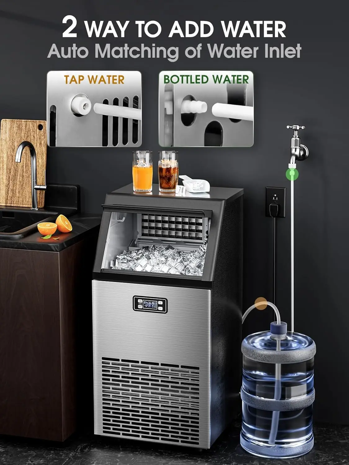 V2.0 Commercial Ice Maker,100 lbs,2-Way Add Water,Under Counter Ice Maker Self Cleaning,Ice Machine with 24 Hour Timer,33 lbs 3