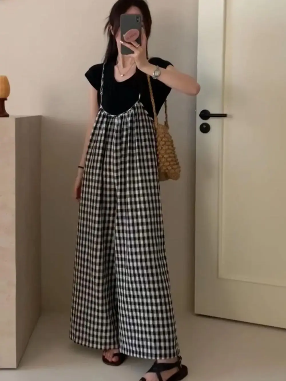 Korean Style Maternity Clothes Set Summer Black White Strap Jumpsuits Short Sleeve Top Twinset Loose Casual Pregnant Woman Suits