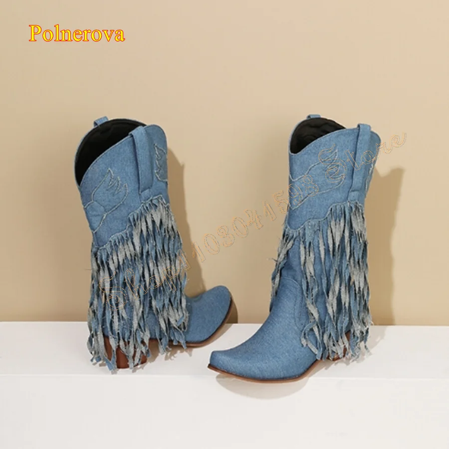 

Vintage Fringed Denim Mid Calf Boots,Round Toe Thick Heel Boots for Women Camping High Heel Boots 2024 New Zapatos Para Mujere