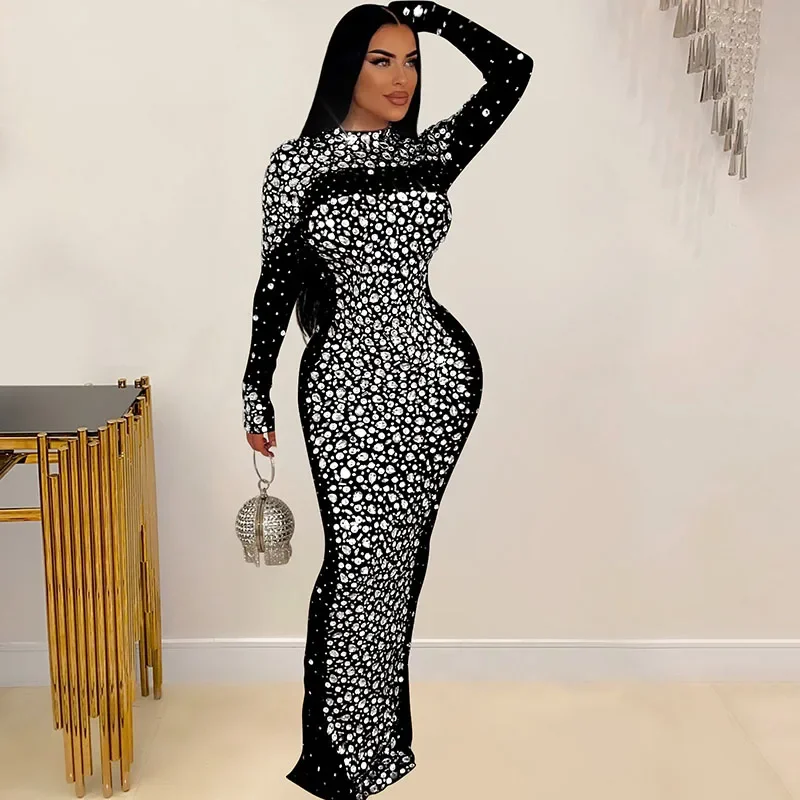 

Sparkly Diamonds Rhinestones Birthday Dress Women Luxury Night Club Mesh See Through Long Sleeve Celebrity Prom Evening Dresses