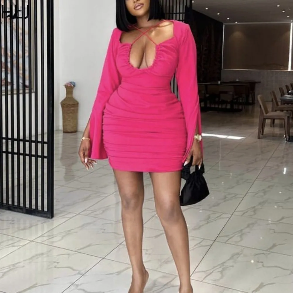

HLJ Rose Pink Bandage Bodycon Elegant Dress Petal Sleeve Deep V-neek Ruched Lace-up Sexy Dresses for Evening Party Club