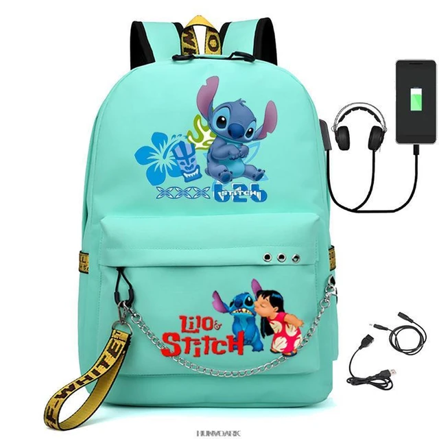 Disney-mochila de Lilo y Stitch con puerto USB para niños y niñas