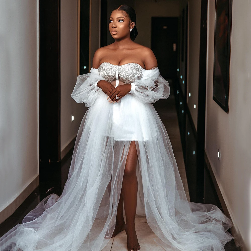 

2024 Bridal Shower Dresses Wedding Bride Robes Off Shoulder Long Sleeve Side Split A Line Crystal Africa Morning Robe