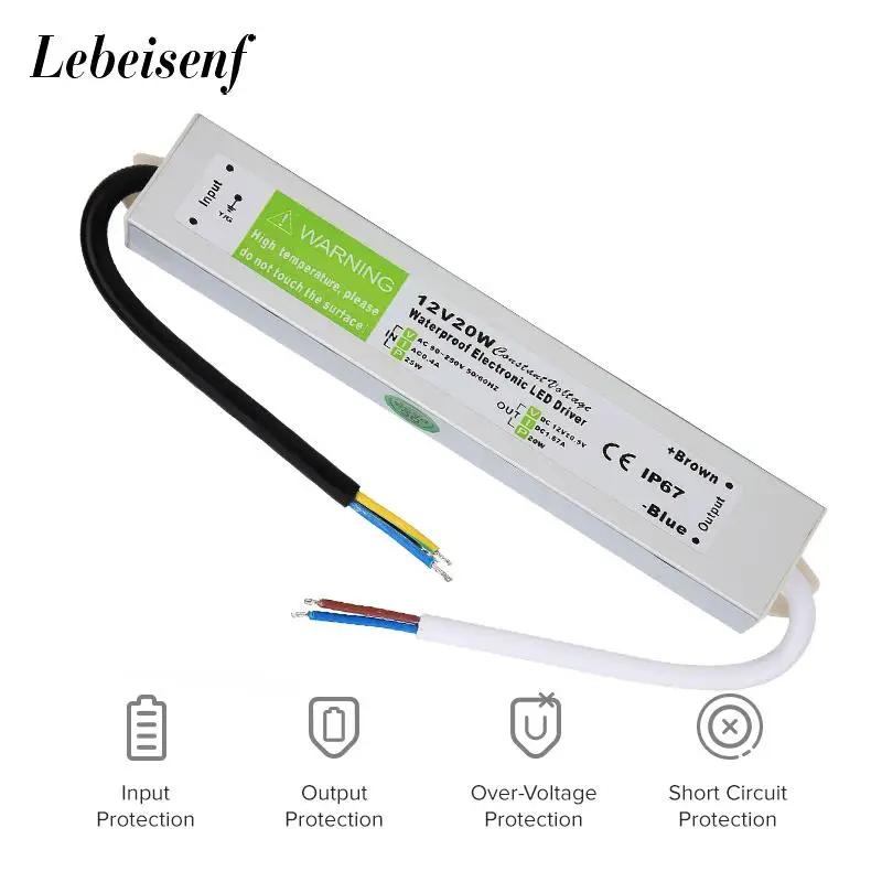 Lighting Transformer 90-250V Ac To Dc 12V 20W 1.67A Led Driver Adapter Aluminum Ip67 Outdoor Waterproof Switching Power Supply