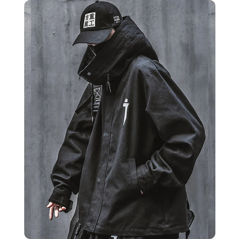 

Spring trend functional wind high collar coat loose hooded work jacket Men's clothes Harajuku Hiphop Safari Style outer garment