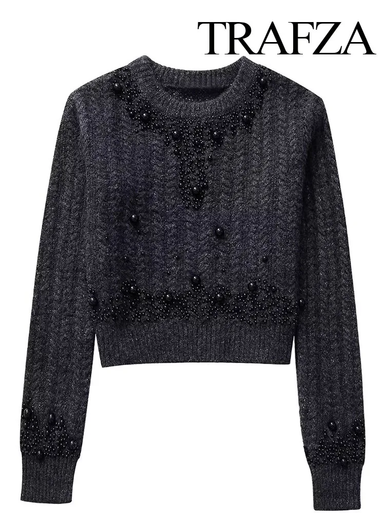 

TRAFZA Women Spring Fashion Casual Knit Imitation Pearl Decoration Pullover Female Elegant Chic Long Sleeve Slim Sweater Tops