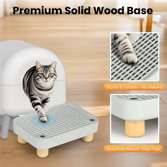 Wooden Base Litter Box Step& Ramp, Catcher-Anti-Tracking& Easy Cleaning Ideal For Small Elderly Cats 2
