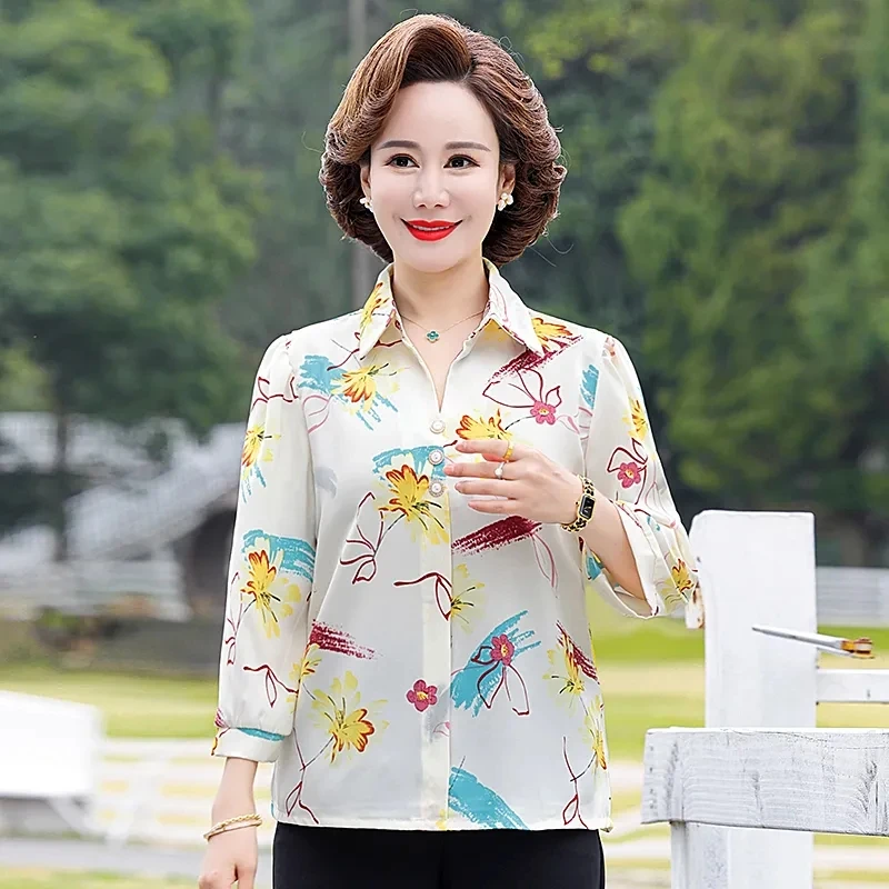 

New Spring Summer Women's T-shirts Blouse Fashion Print Shirts Mid-Aged Mom Casual Simple Blouse Tops Ladies Three Quarter Shirt