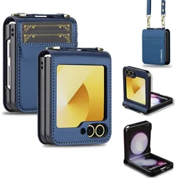 Crossbody Leather Wallet with Card Holder and Wrist Strap Phone Case - Galaxy Z Flip5 (Blue)