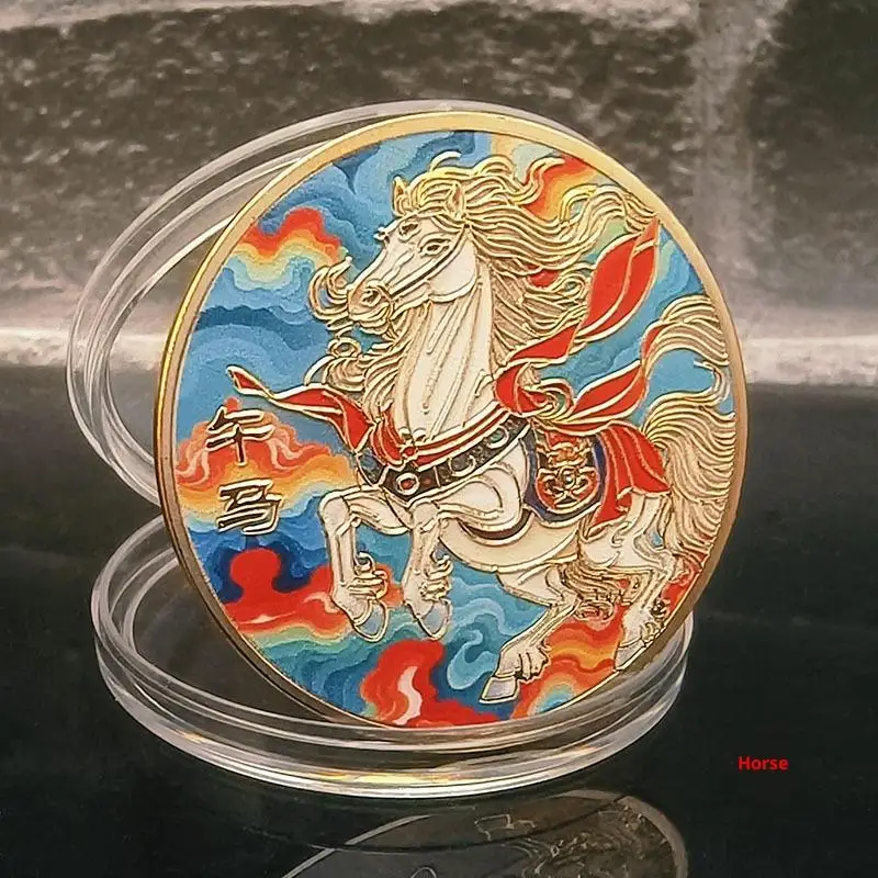 Colorful Zodiac Chinese Horse Souvenir Coin Commemorative Lucky Challenge Coin Collection Gifts With Protective Case