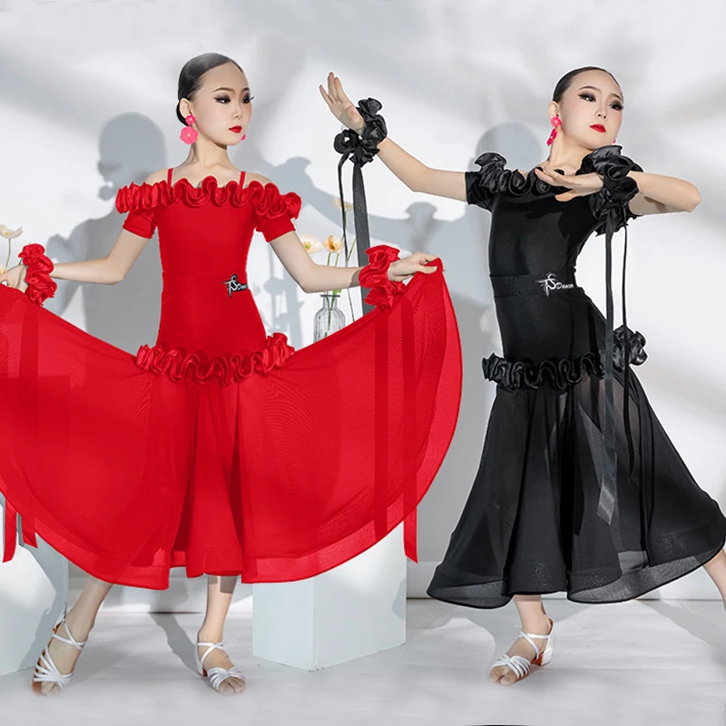 

Red Black Ruffled Latin Dance Dress Children'S National Standard Ballroom Dance Dresses Girls Performance Dancing Costume SL9905