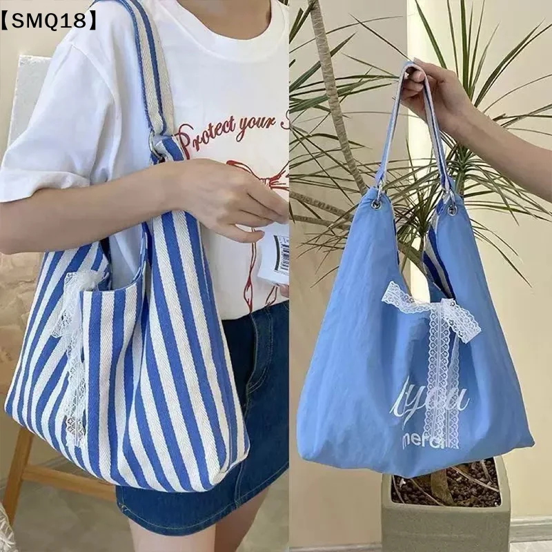 Borsa Hobo a Righe per Donne con Fiocco in Pizzo, Borsa a Tracolla Reversibile in Tela per Shopping Quotidiano【SMQ】 - immagine 4