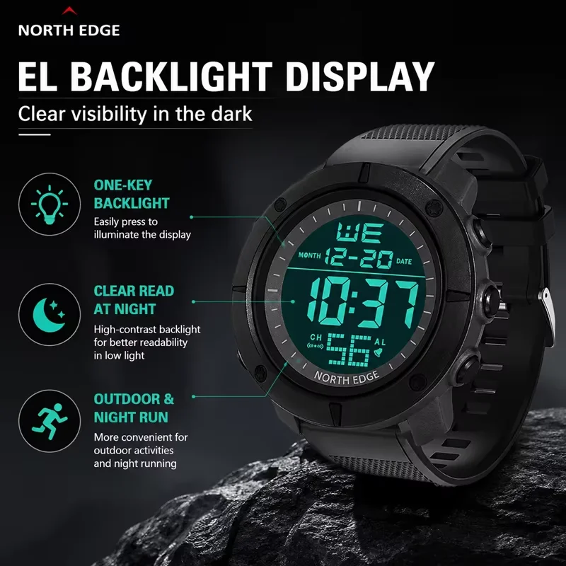 NORTH EDGE TANK Outdoor Men's Waterproof Watch with Alarm and EL Backlight Silicone Band