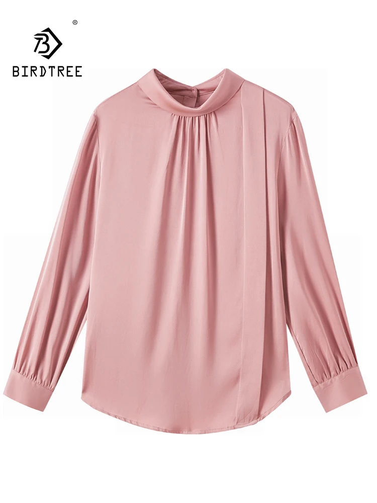 

Элегантная рубашка из 91.2% натурального шелка BirdTree для женщин, однотонная Базовая Блузка с длинным рукавом и воротником-стойкой, для весны, 2024, T42886QC