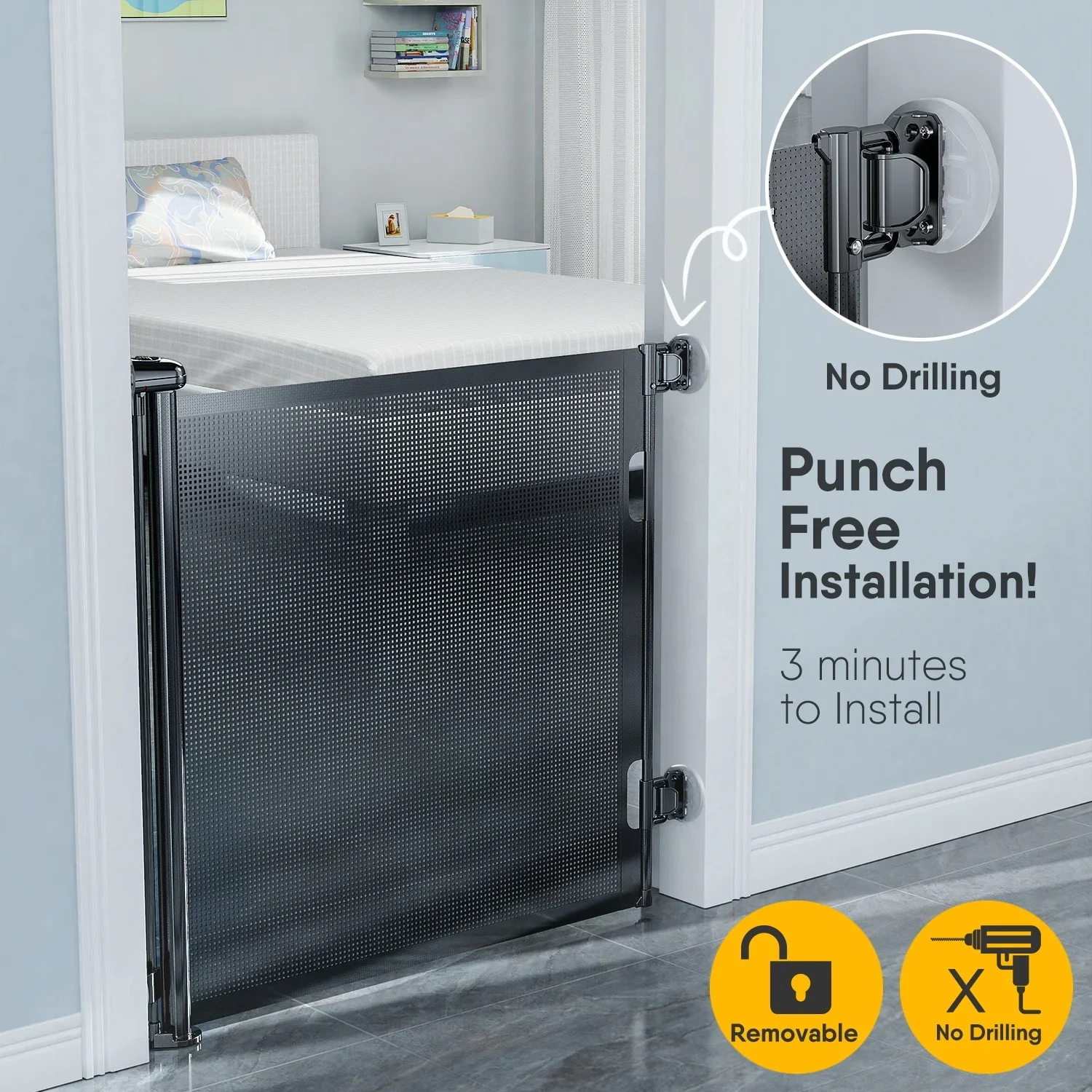 Punch-Free Install Retractable Baby Stair Gate Dog Gate for Indoor and Outdoor No Punching and No Wall