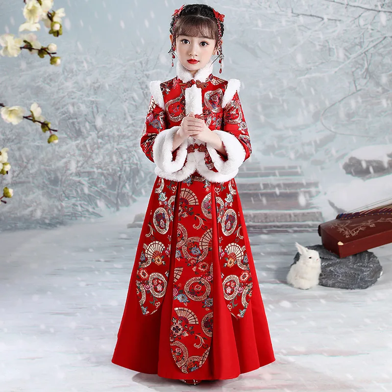 

2023 New Year Hanfu Girls China Style Tang Suit Children Ancient Costume Super Fairy Winter Thickened Hanfu Dress for Women