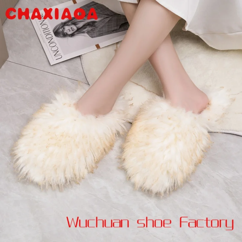 

Wholesale luxury style women's fur slippers flat shoes girls' fur sliders fake Mongolian fur wool slippers