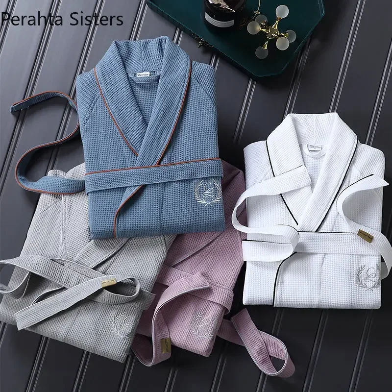 Top Quality 100% Cotton Waffle Bathrobe Men Normal Thick Absorbent Bath Robe Male Spring Autumn Solid Dressing Gown 2024 New