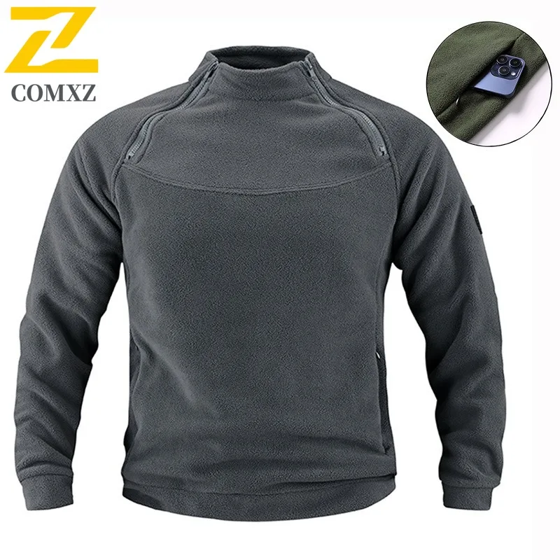 Men Outdoor Fleece Jacket Winter Warm Hidden Zipper Pocket Hiking Workwear Pullover Thermal Trekking Breathable Training Top