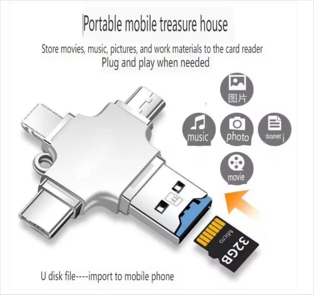 4 in 1 메모리 마이크로 SD 카드 리더, 아이폰, 아이패드, 안드로이드, 맥 PC 카메라, C 타입 조명, USB C, 안드로이드 리더, 휴대용 리더